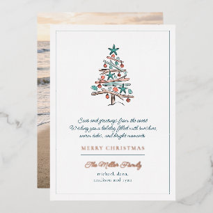 Tarjeta Festiva Con Relieve Metalizado Árbol de Navidad de Madera Flotante Tropical de Pl