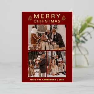 Tarjeta Festiva Con Relieve Metalizado Árbol de Navidad de Pino Simple Elegante Familia 3
