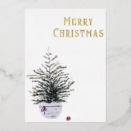 Tarjeta Festiva Con Relieve Metalizado Árbol de Navidad en acuarela rústica y alegre