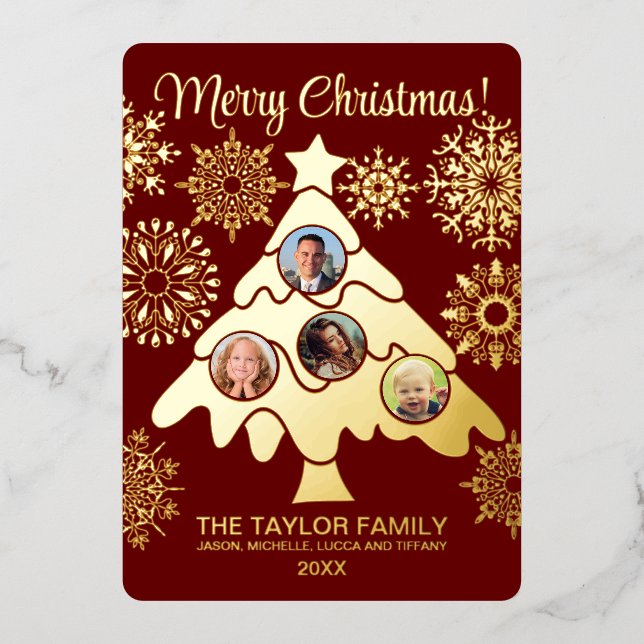 Tarjeta Festiva Con Relieve Metalizado Árbol de Navidad Feliz Insertar Fotograma Familia  (Anverso)