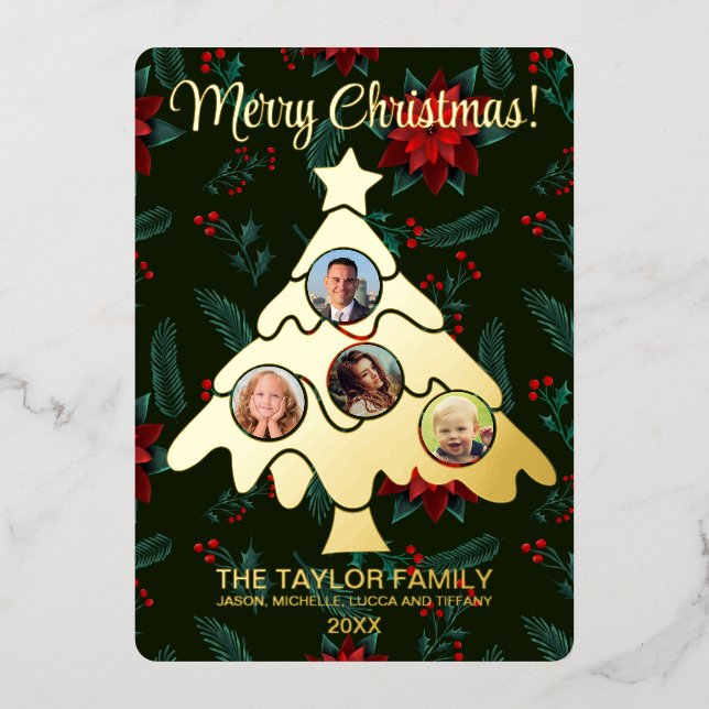 Tarjeta Festiva Con Relieve Metalizado Árbol de Navidad Feliz Insertar Fotograma Familia  (Anverso)