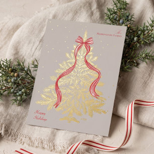 Tarjeta Festiva Con Relieve Metalizado Árbol de Navidad Festivo Rústico Acogedor con Lazo
