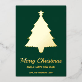 Tarjeta Festiva Con Relieve Metalizado Árbol de Navidad minimalista con texto en verde