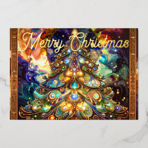 Tarjeta Festiva Con Relieve Metalizado Árbol de Navidad Renacentista Merry Christmas con 