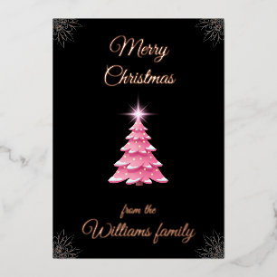 Tarjeta Festiva Con Relieve Metalizado Árbol de Navidad Rosa con Apellido