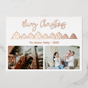 Tarjeta Festiva Con Relieve Metalizado Árbol de Navidad Script Familia 2 Foto Rosa Dorado
