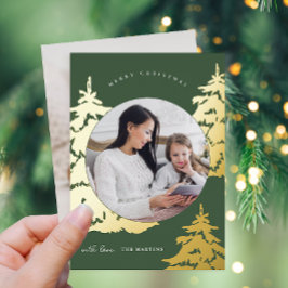 Tarjeta Festiva Con Relieve Metalizado Árbol de Navidad Verde Rústico Dos festividades fo