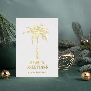 Tarjeta Festiva Con Relieve Metalizado Árbol de Palma Tropical Mar y Feliz Navidad