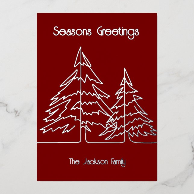 Tarjeta Festiva Con Relieve Metalizado Árbol gráfico de Navidad profundo rojo y plateado  (Anverso)