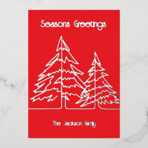 Tarjeta Festiva Con Relieve Metalizado Árbol gráfico de Navidad rojo y plateado mínimo