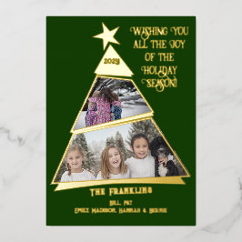 Tarjeta Festiva Con Relieve Metalizado Árbol inclinado verde diversión y foto moderna