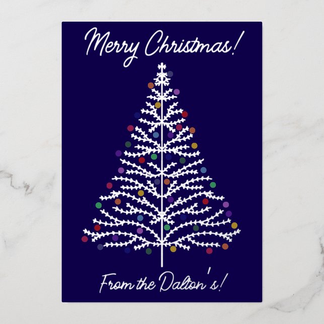 Tarjeta Festiva Con Relieve Metalizado Árbol navideño moderno azul y plata festivo (Anverso)