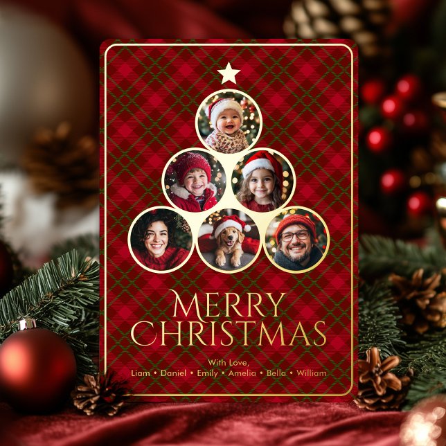 Tarjeta Festiva Con Relieve Metalizado Árbol navideño moderno Tartán Plaids Foto familiar (Christmas Tree Modern Tartan Plaids Family Photo Foil Holiday Card)