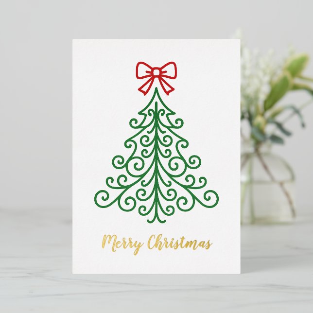 Tarjeta Festiva Con Relieve Metalizado Árbol simple con Navidades modernos y bajos (Anverso de pie)