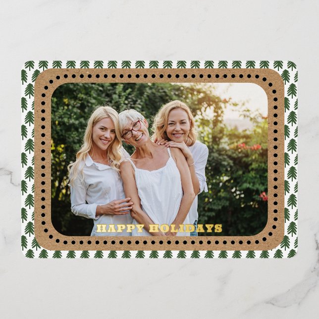 Tarjeta Festiva Con Relieve Metalizado Árbol simple de Navidad verde y blanco (Anverso)