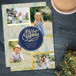 Tarjeta Festiva Con Relieve Metalizado Árboles de Navidad 4 Fotocollage Mint Dorado