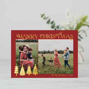 Tarjeta Festiva Con Relieve Metalizado Árboles de Navidad Abstractos Dos Fotos Hojas de O