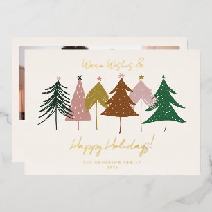 Tarjeta Festiva Con Relieve Metalizado Árboles de Navidad Festivos Minimalistas con Hojal