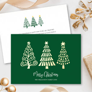 Tarjeta Festiva Con Relieve Metalizado Árboles de Navidad Verdes con Nombre en Hoja de Or