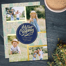 Tarjeta Festiva Con Relieve Metalizado Árboles navideños de Feliz 4 Collages de fotos de