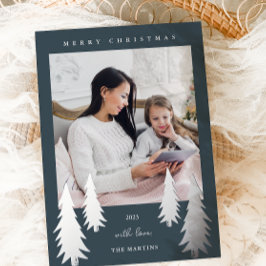 Tarjeta Festiva Con Relieve Metalizado Árboles navideños festivos dos foto azul