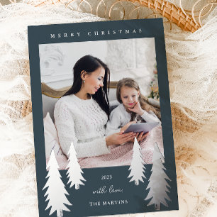 Tarjeta Festiva Con Relieve Metalizado Árboles navideños festivos dos foto azul