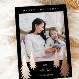 Tarjeta Festiva Con Relieve Metalizado Árboles navideños festivos Dos fotos Negro