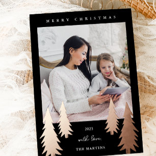 Tarjeta Festiva Con Relieve Metalizado Árboles navideños festivos Dos fotos Negro