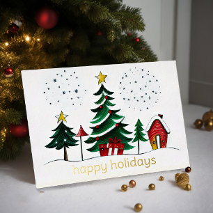 Tarjeta Festiva Con Relieve Metalizado Árboles pintados y vacaciones felices
