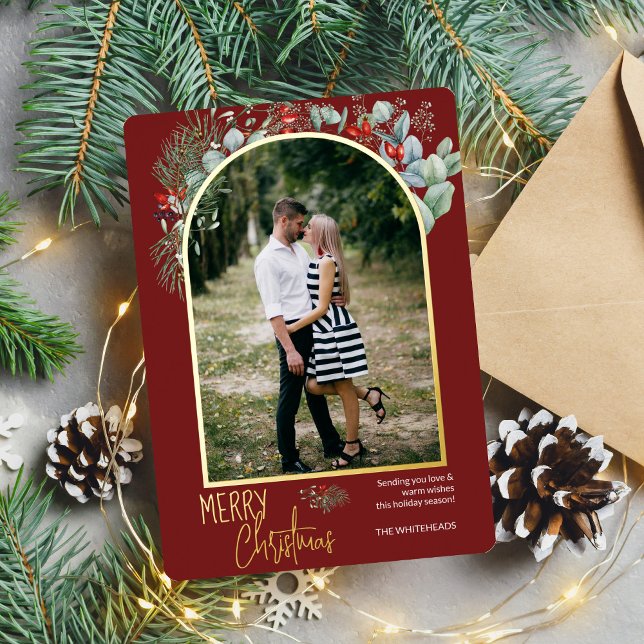 Tarjeta Festiva Con Relieve Metalizado Arch Greenery Merry Christmas Photo Burgundy (You will love these beautiful Christmas cards! They feature botanical watercolor pine and berries.)