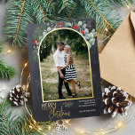 Tarjeta Festiva Con Relieve Metalizado Arch Greenery Merry Christmas Photo Chalkboard<br><div class="desc">Este diseño presenta una acuarela y un eucalipto alrededor de una imagen arqueada con un marco de Relieve metalizado dorado.</div>
