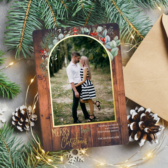 Tarjeta Festiva Con Relieve Metalizado Arch Greenery Merry Christmas Photo Cherry Wood (You will love these beautiful Christmas cards! They feature botanical watercolor pine and berries.)