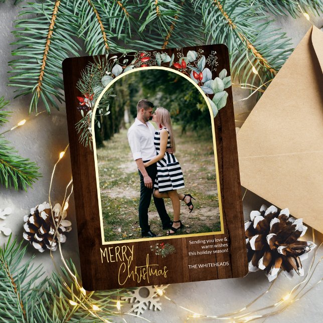 Tarjeta Festiva Con Relieve Metalizado Arch Greenery Merry Christmas Photo Dark Wood (You will love these beautiful Christmas cards! They feature botanical watercolor pine and berries.)