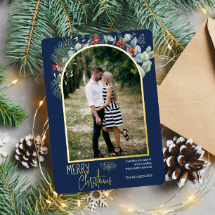 Tarjeta Festiva Con Relieve Metalizado Arch Greenery Merry Christmas Photo Navy Blue