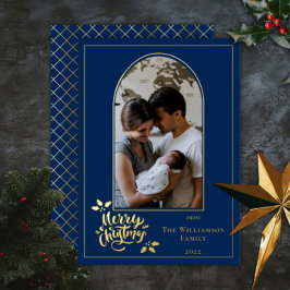 Tarjeta Festiva Con Relieve Metalizado Arched Photo Merry Christmas and Holly on Dk Blue 