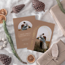 Tarjeta Festiva Con Relieve Metalizado Arco beige minimalista moderno 2 Foto Feliz Navida