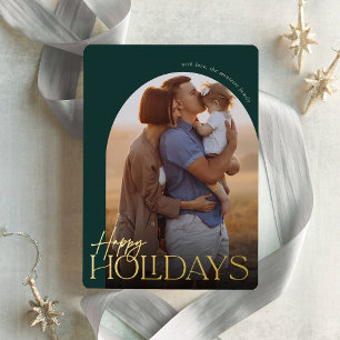 Tarjeta Festiva Con Relieve Metalizado Arco de Foto Vertical de Felices Fiestas