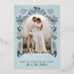 Tarjeta Festiva Con Relieve Metalizado Arco de Fotos de Boda Navidad Casados y Felices