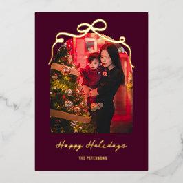 Tarjeta Festiva Con Relieve Metalizado Arco de lazo elegante burgundy Navidad foto oro