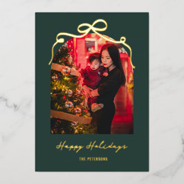 Tarjeta Festiva Con Relieve Metalizado Arco de lazo elegante verde Navidad foto dorada