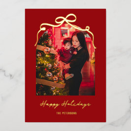 Tarjeta Festiva Con Relieve Metalizado Arco de lazo moderno chic rojo Navidad foto oro