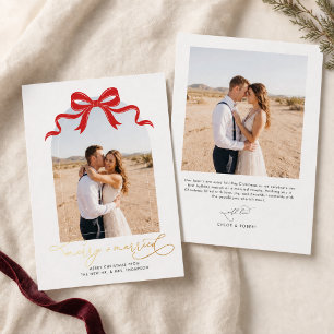 Tarjeta Festiva Con Relieve Metalizado Arco de lazo rojo 2 Foto Feliz Navidad casados