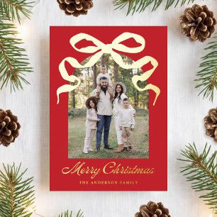 Tarjeta Festiva Con Relieve Metalizado Arco de Navidad Rojo con Lazo Dibujado a Mano Foto