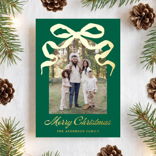 Tarjeta Festiva Con Relieve Metalizado Arco de Navidad verde con lazo dibujado a mano Fot