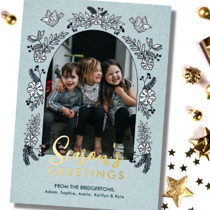 Tarjeta Festiva Con Relieve Metalizado Arco fotográfico de flores de salutaciones de temp