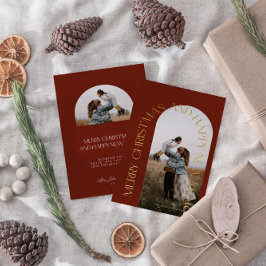 Tarjeta Festiva Con Relieve Metalizado Arco Rojo Minimalista Moderno 2 Foto Feliz Navidad