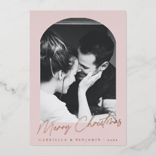 Tarjeta Festiva Con Relieve Metalizado Arco Rosa Minimalista con Dos Fotos de Navidad en