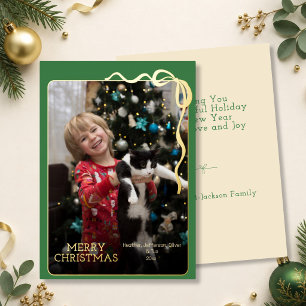 Tarjeta Festiva Con Relieve Metalizado Arco Simple de Navidad en Verde y Dorado