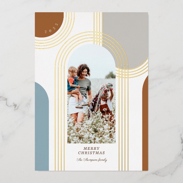 Tarjeta Festiva Con Relieve Metalizado Arcos dorados geométricos concéntricos modernos 1  (Anverso)