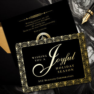 Tarjeta Festiva Con Relieve Metalizado Art Deco Alegres Negocios con Hojas de Oro
